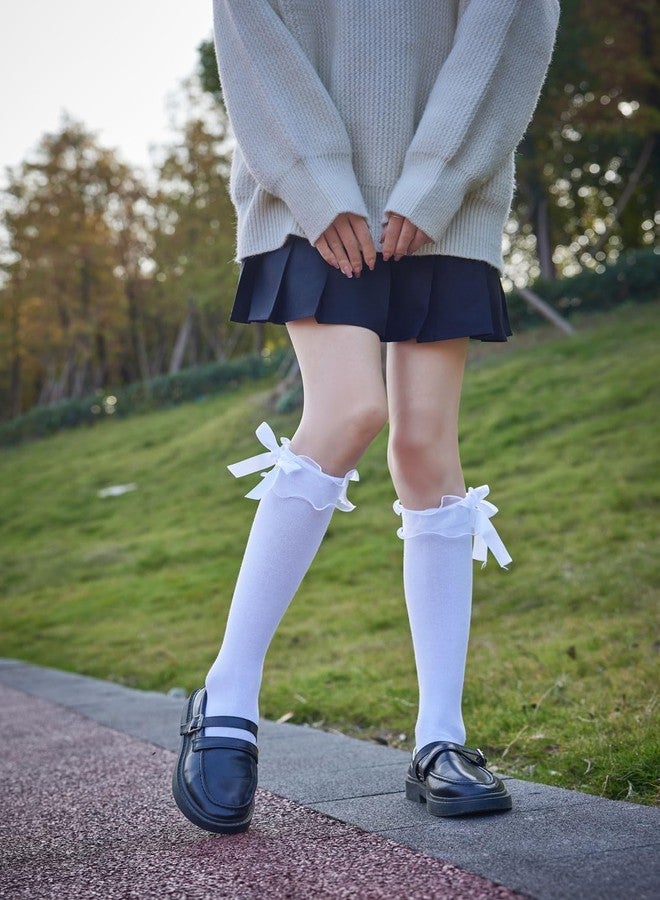 AMHRLINGTO Women's Lace Ruffle Frilly Ankle Socks - Girl Cotton Knee High Socks with Bow Lace Ruffle Trim (Cotton, White-2 Pairs) - Image 5